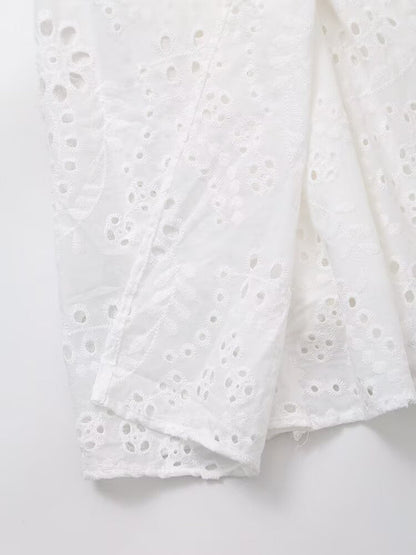 Women Clothing Sweet Cutout Machine Embroidery Collared Tied Shirt Dress