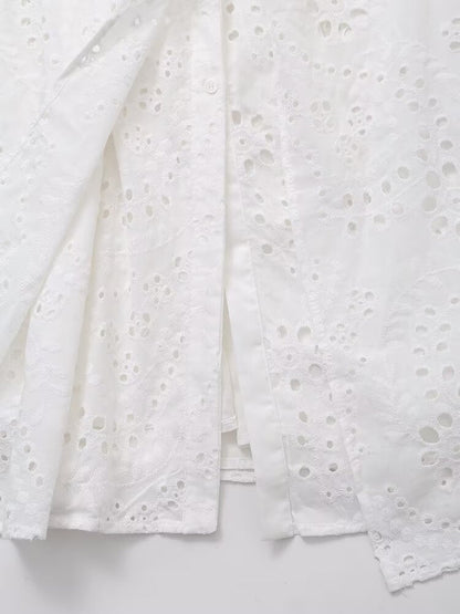 Women Clothing Sweet Cutout Machine Embroidery Collared Tied Shirt Dress