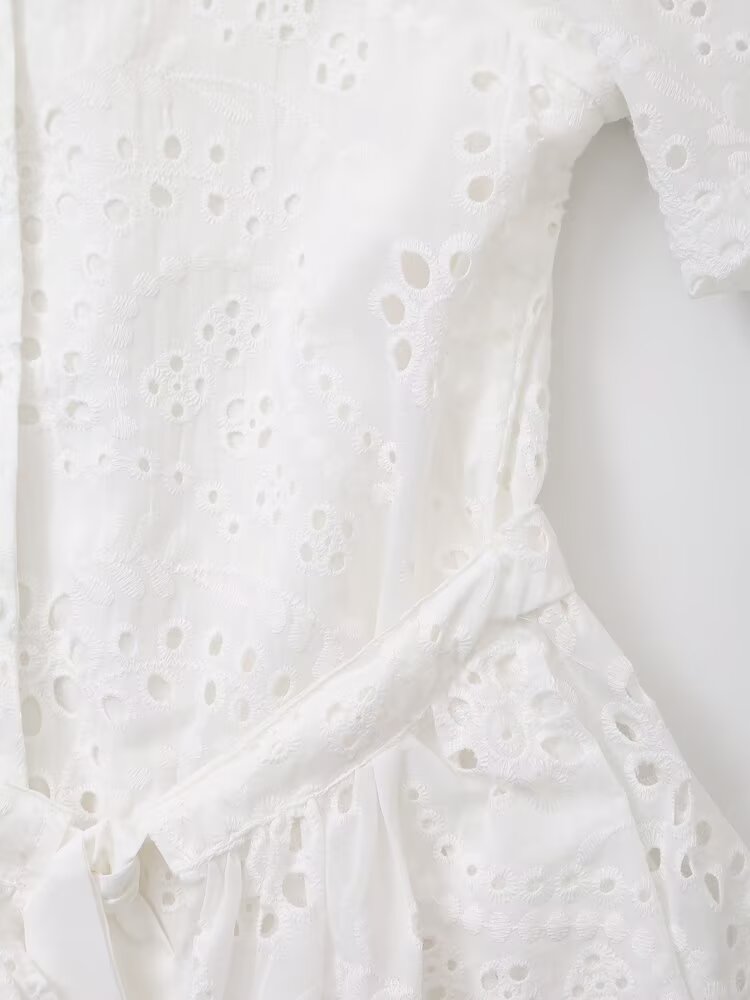 Women Clothing Sweet Cutout Machine Embroidery Collared Tied Shirt Dress