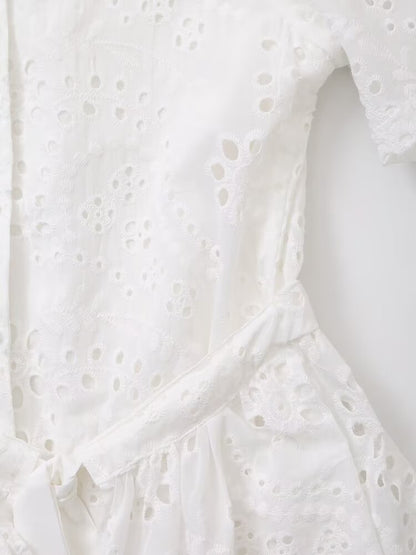 Women Clothing Sweet Cutout Machine Embroidery Collared Tied Shirt Dress