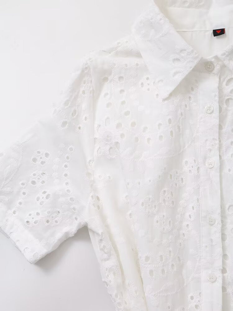 Women Clothing Sweet Cutout Machine Embroidery Collared Tied Shirt Dress