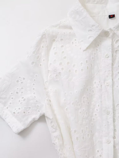 Women Clothing Sweet Cutout Machine Embroidery Collared Tied Shirt Dress