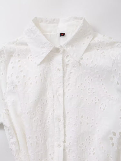 Women Clothing Sweet Cutout Machine Embroidery Collared Tied Shirt Dress