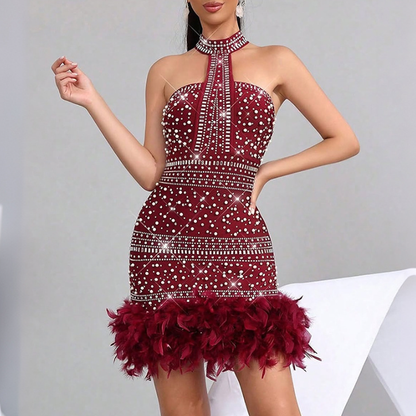 Step in Cocktail Evening Dress Scarf Sexy Beaded Sleeveless Tube Top Feather Hip Dress