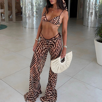 Women Three Point Bikini Mesh Trousers Leopard Print Printed Sexy Backless Split Swimsuit
