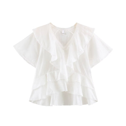 Women Clothing Summer Lace V neck Patchwork Ruffled French White Shirt