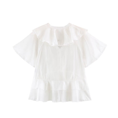 Women Clothing Summer Lace V neck Patchwork Ruffled French White Shirt