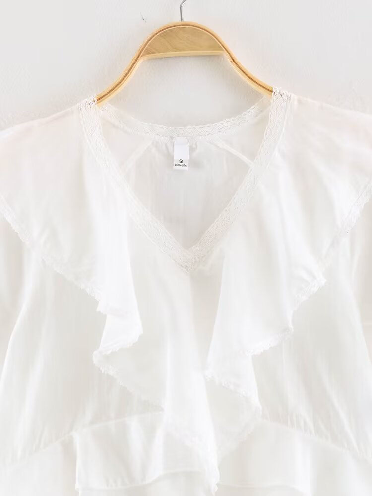 Women Clothing Summer Lace V neck Patchwork Ruffled French White Shirt