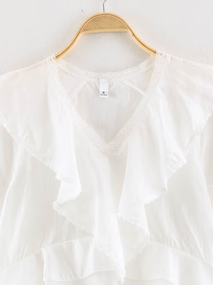 Women Clothing Summer Lace V neck Patchwork Ruffled French White Shirt