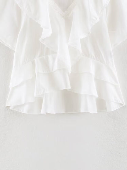 Women Clothing Summer Lace V neck Patchwork Ruffled French White Shirt
