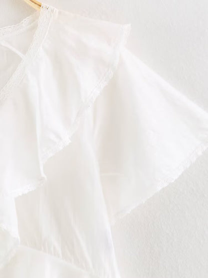 Women Clothing Summer Lace V neck Patchwork Ruffled French White Shirt
