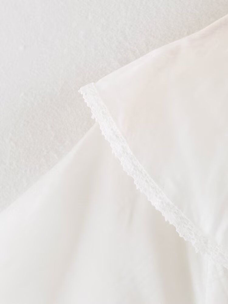 Women Clothing Summer Lace V neck Patchwork Ruffled French White Shirt