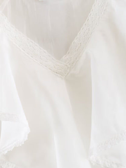 Women Clothing Summer Lace V neck Patchwork Ruffled French White Shirt