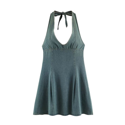 Women Clothing Summer Backless Hanging Collar V neck Bow Decorative Denim Dress