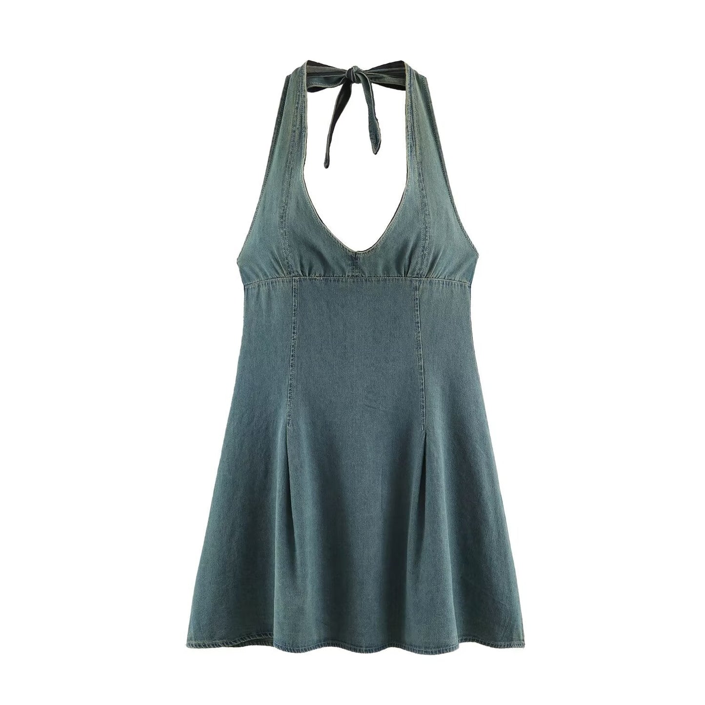 Women Clothing Summer Backless Hanging Collar V neck Bow Decorative Denim Dress
