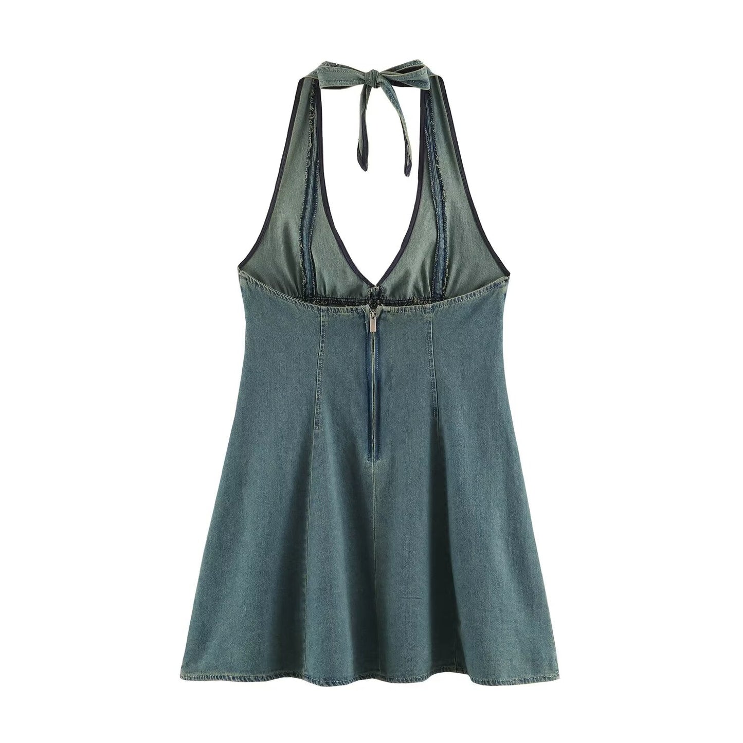 Women Clothing Summer Backless Hanging Collar V neck Bow Decorative Denim Dress