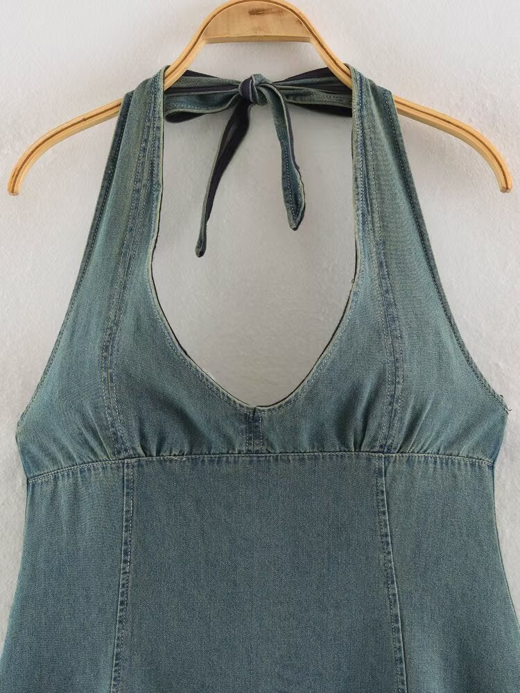 Women Clothing Summer Backless Hanging Collar V neck Bow Decorative Denim Dress
