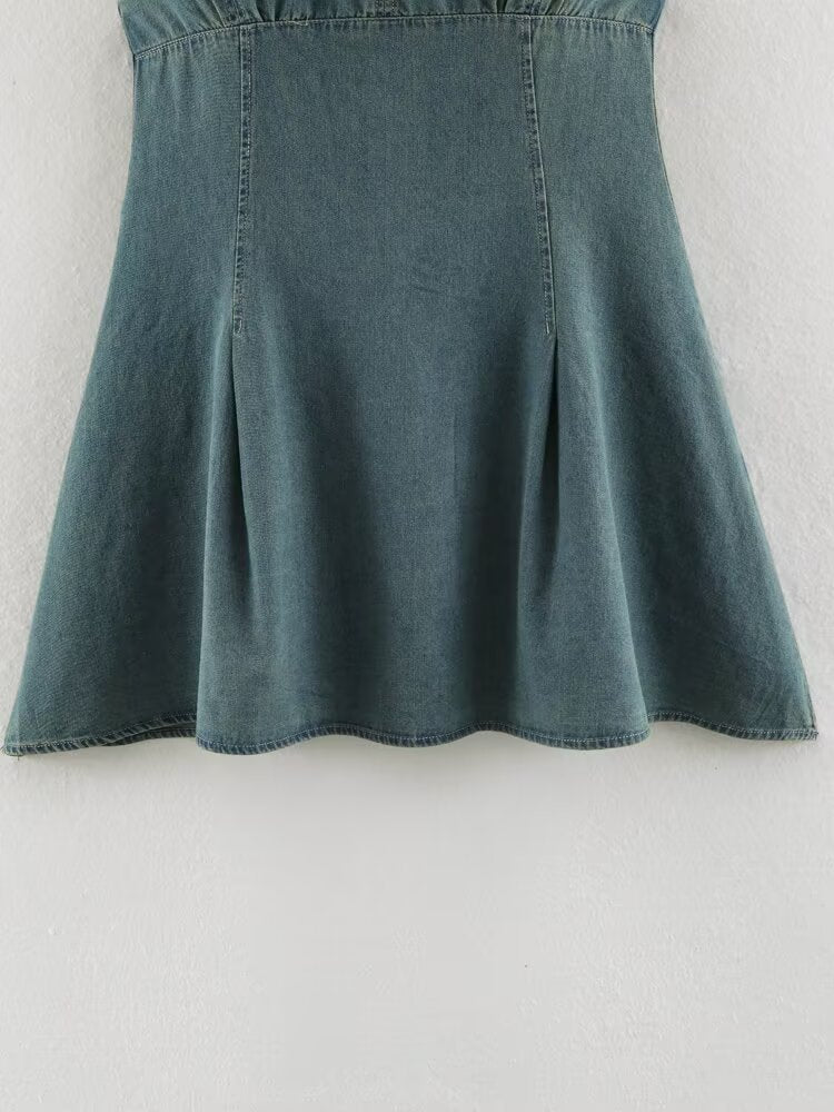 Women Clothing Summer Backless Hanging Collar V neck Bow Decorative Denim Dress