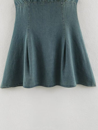 Women Clothing Summer Backless Hanging Collar V neck Bow Decorative Denim Dress