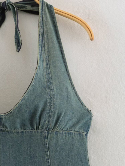 Women Clothing Summer Backless Hanging Collar V neck Bow Decorative Denim Dress
