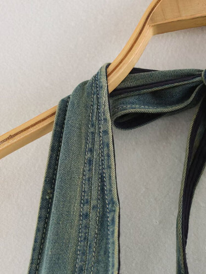 Women Clothing Summer Backless Hanging Collar V neck Bow Decorative Denim Dress