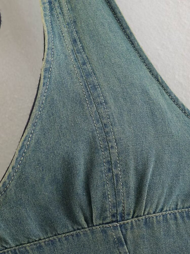 Women Clothing Summer Backless Hanging Collar V neck Bow Decorative Denim Dress