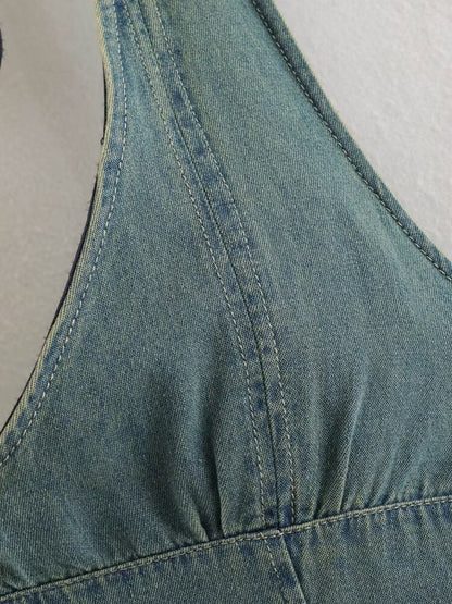 Women Clothing Summer Backless Hanging Collar V neck Bow Decorative Denim Dress