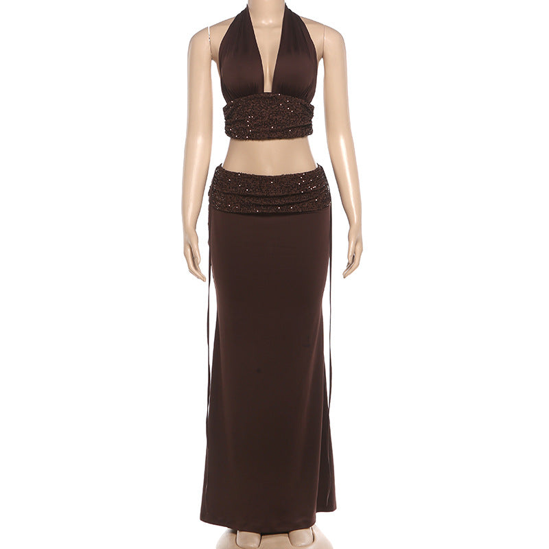 Summer Sexy Deep V Plunge Halter Lace up Top Sequined Low Waist Skirt Set