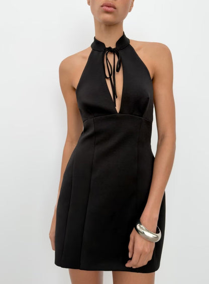 Women Clothing Summer Lace up Hanging Collar Short Dress
