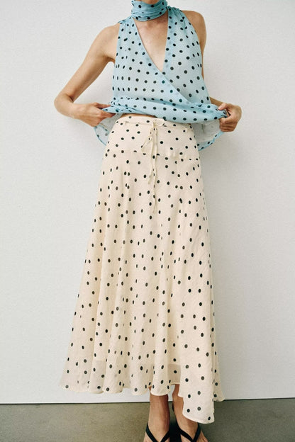 Women Clothing Summer Elegant Polka Dot A line Hem Midi Skirt