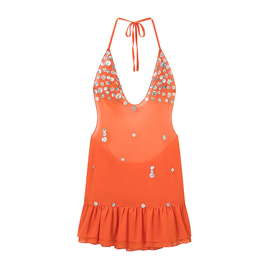Women Clothing Summer Holiday Fastener Decoration Design V neck Backless Dress