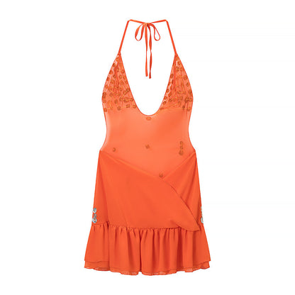 Women Clothing Summer Holiday Fastener Decoration Design V neck Backless Dress