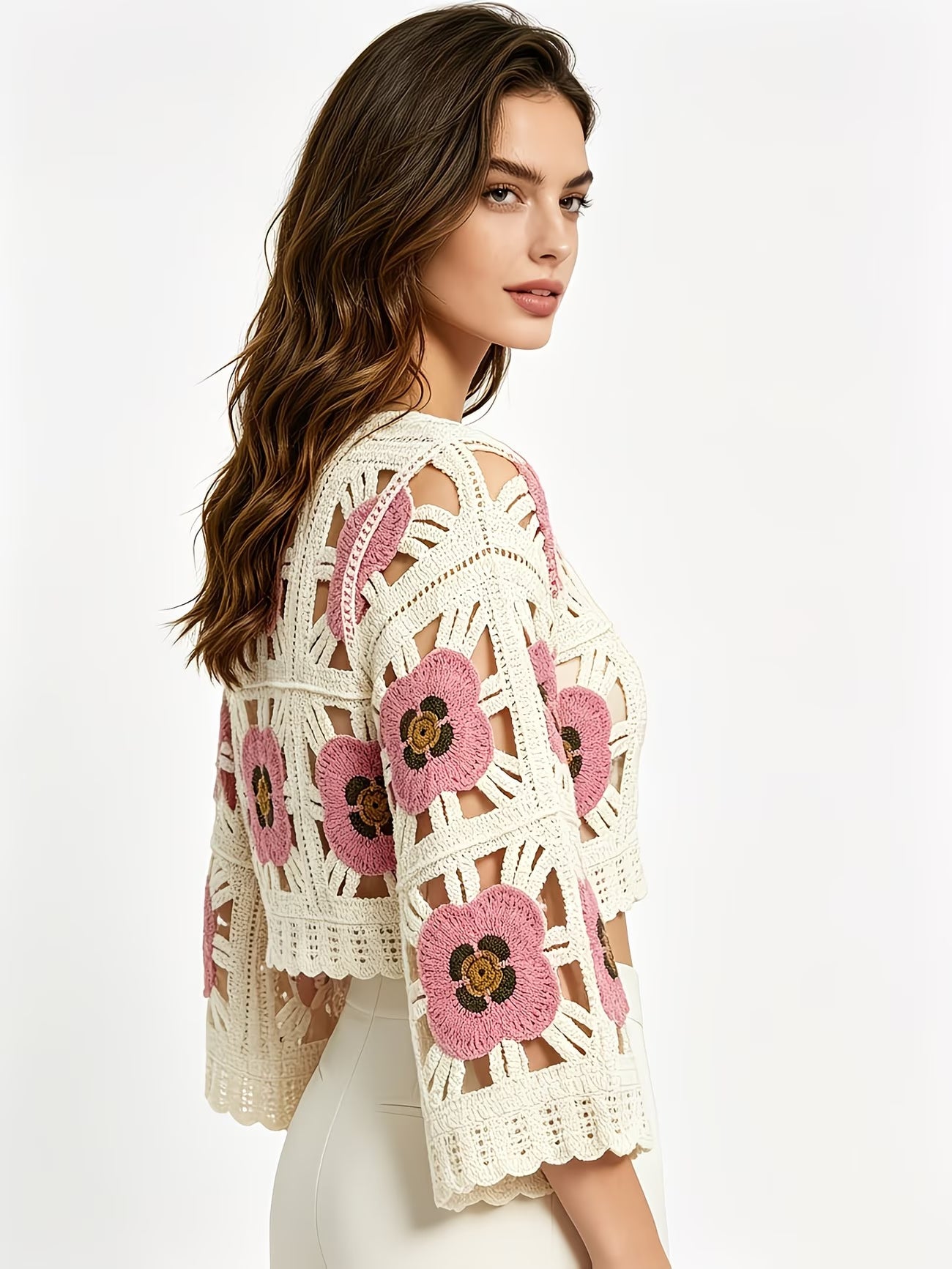 Women Summer Openwork Crochet Floral Color Block Short Knit Cardigan Top
