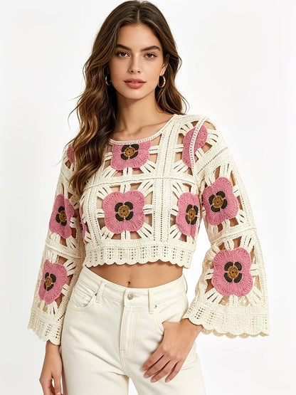 Women Summer Openwork Crochet Floral Color Block Short Knit Cardigan Top