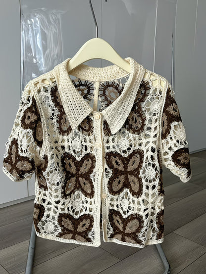 Women Summer Hook Patterned Open Cardigan With Perforated Design Short Sleeves Featuring Colorful Patchwork Sun Protection