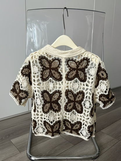 Women Summer Hook Patterned Open Cardigan With Perforated Design Short Sleeves Featuring Colorful Patchwork Sun Protection