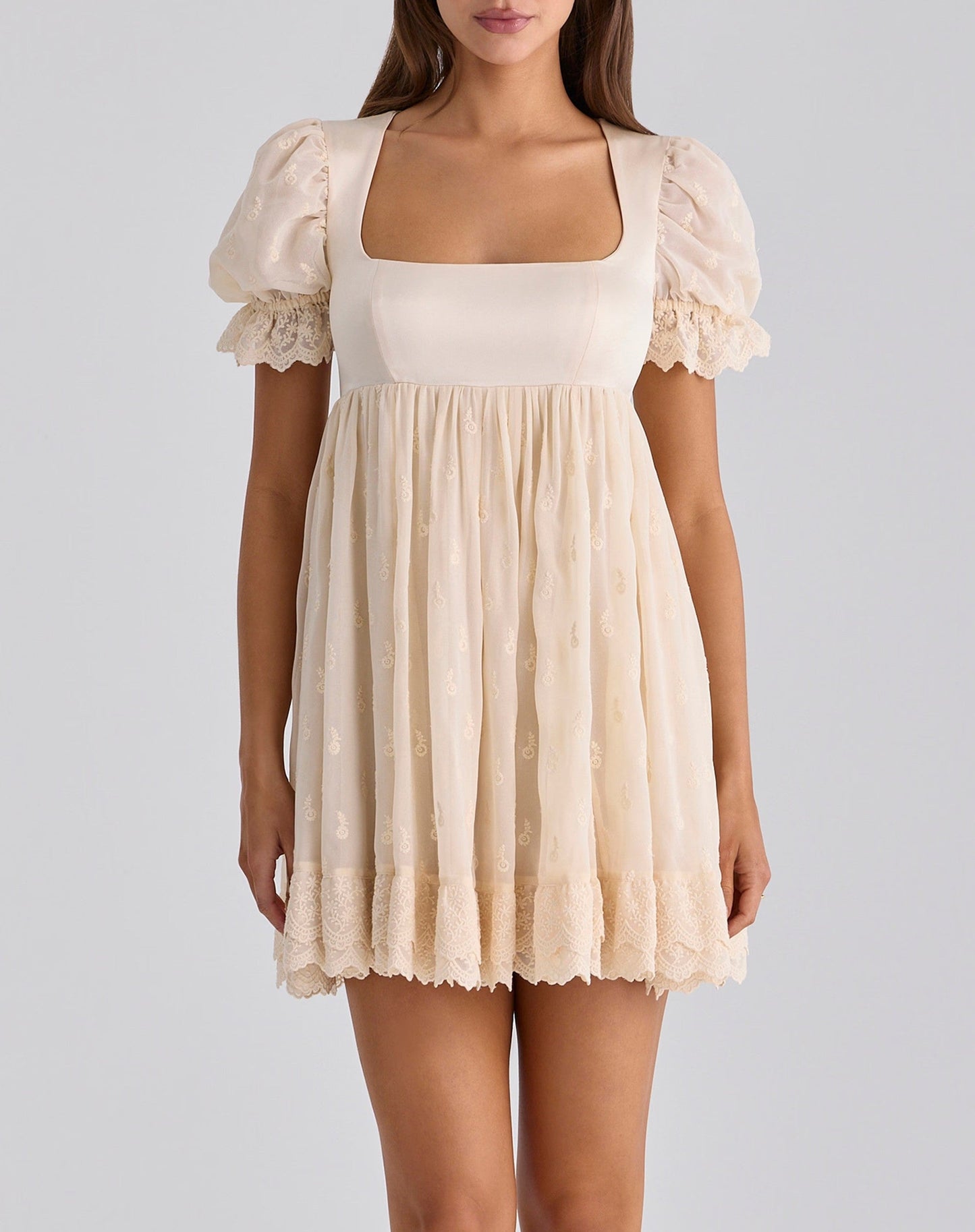 Women Clothing Summer French Satin Embroidery Stitching Design Short Dress