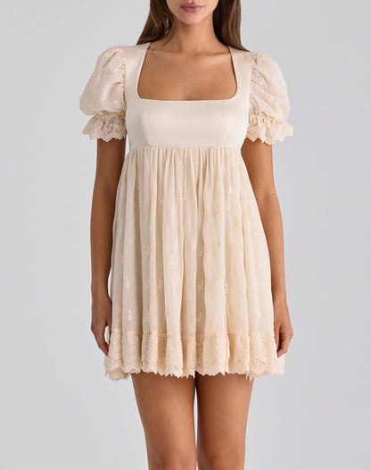 Women Clothing Summer French Satin Embroidery Stitching Design Short Dress