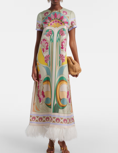 Summer Women Clothing French Printed Stitching Furry Half Sleeve Dress