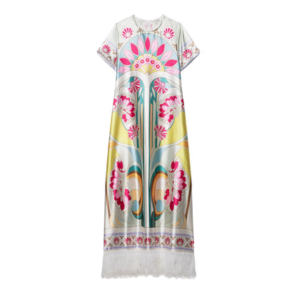 Summer Women Clothing French Printed Stitching Furry Half Sleeve Dress