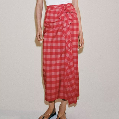 Women Clothing Summer Elegant Plaid Split Laminated Decoration Midi Dress