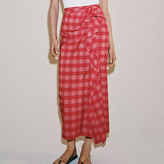 Women Clothing Summer Elegant Plaid Split Laminated Decoration Midi Dress