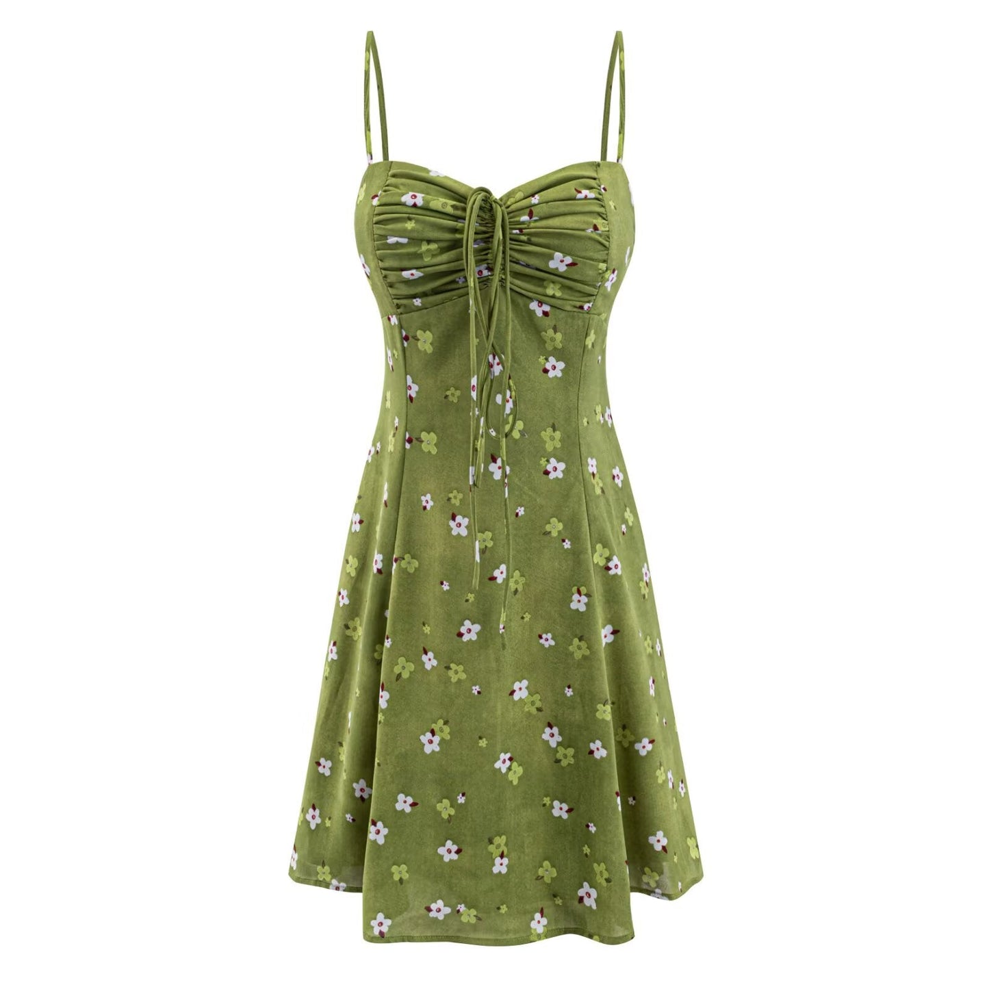 Summer Women Clothing Sexy Printed Short Dress Ruched Lace up Waist Trimming Spaghetti Straps Dress