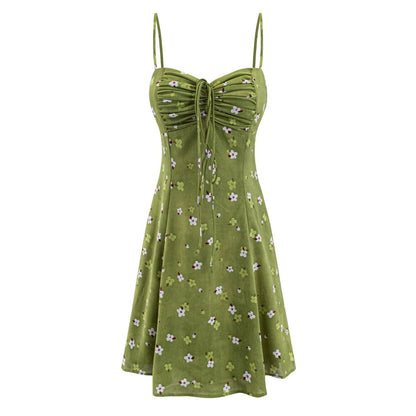 Summer Women Clothing Sexy Printed Short Dress Ruched Lace up Waist Trimming Spaghetti Straps Dress