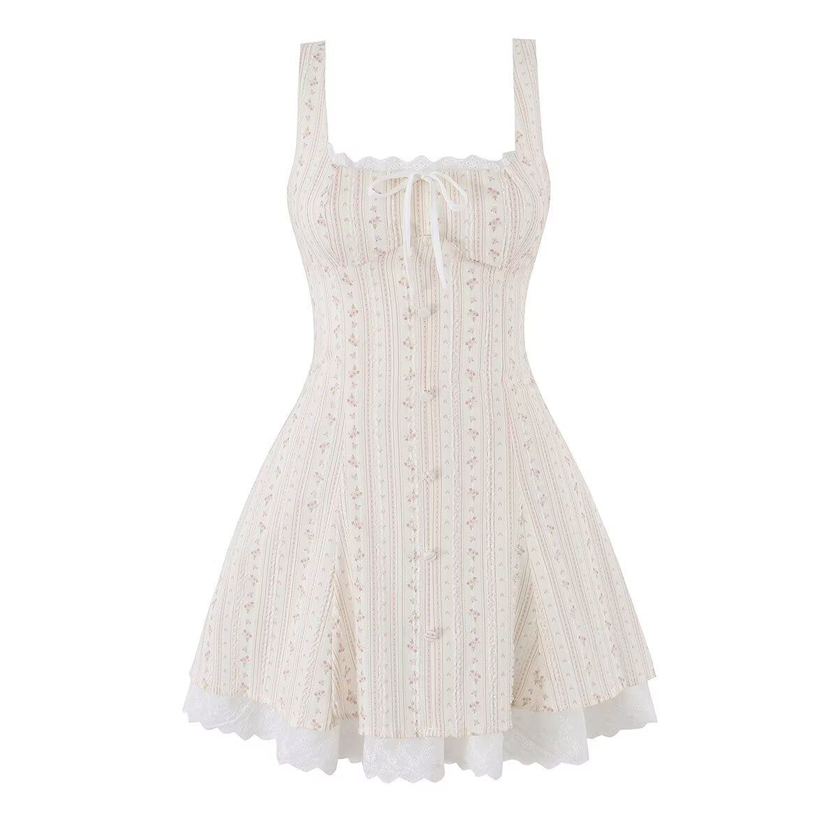Women Clothing Summer Sweet Spaghetti Strap Waist Lace Stitching Floral Dress