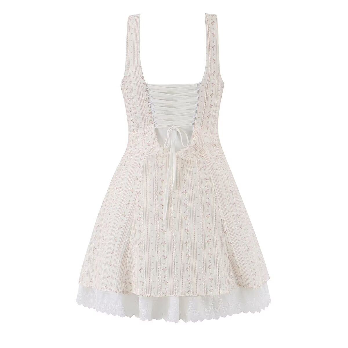 Women Clothing Summer Sweet Spaghetti Strap Waist Lace Stitching Floral Dress