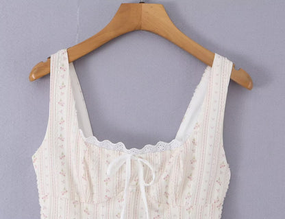 Women Clothing Summer Sweet Spaghetti Strap Waist Lace Stitching Floral Dress