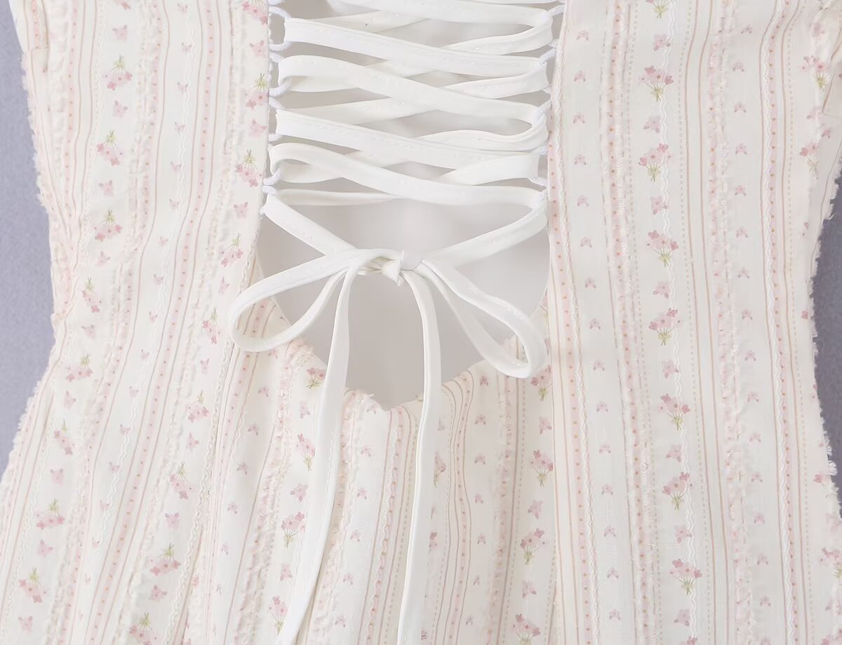 Women Clothing Summer Sweet Spaghetti Strap Waist Lace Stitching Floral Dress