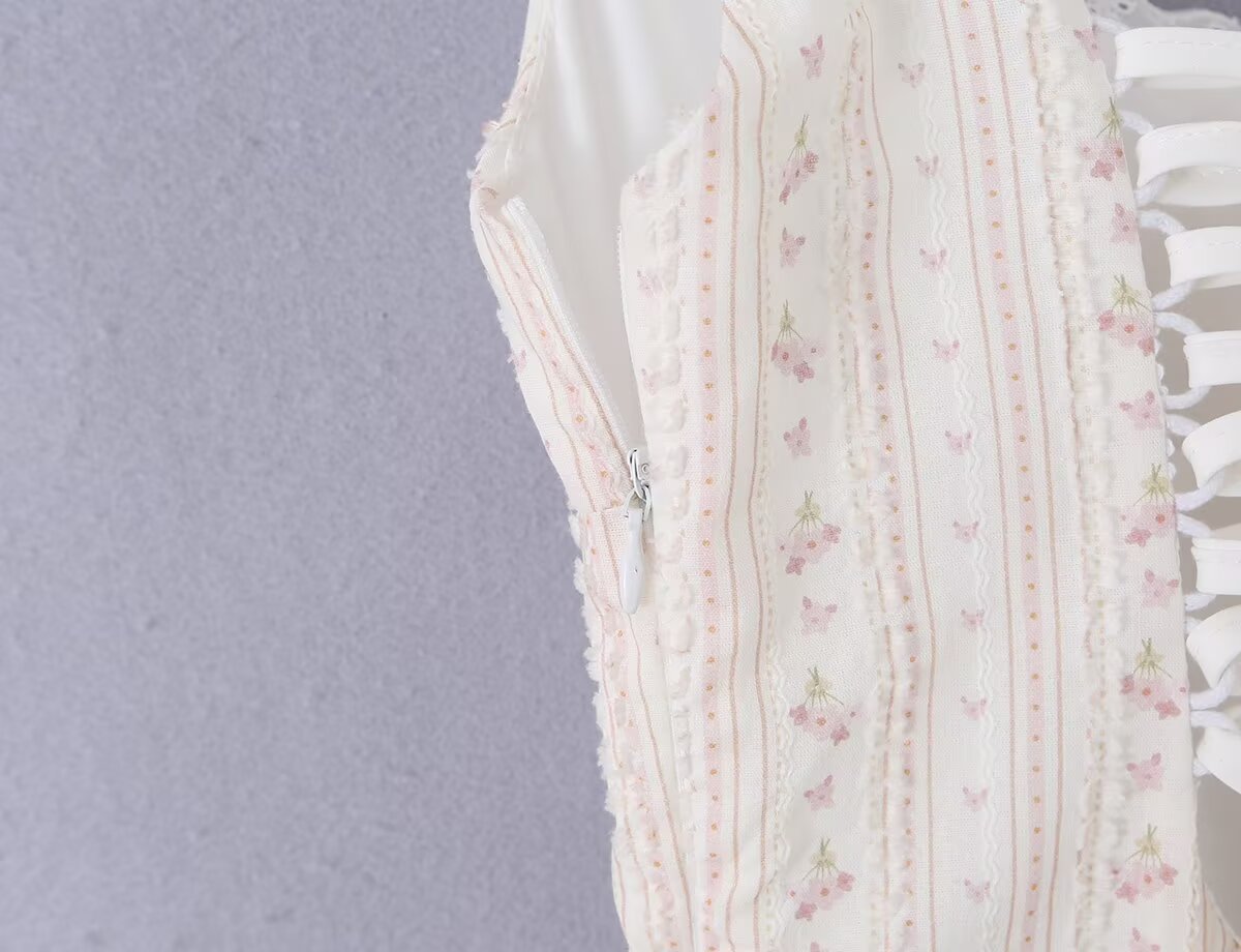 Women Clothing Summer Sweet Spaghetti Strap Waist Lace Stitching Floral Dress