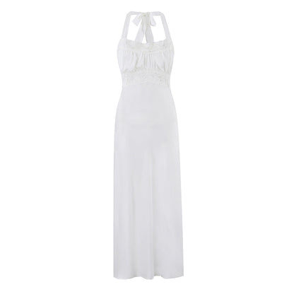 Vacation Dress Lace Slim Fit Patchwork Backless Halter Dress